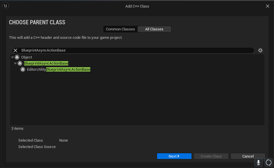 Unreal Engine New C++ Class dialog showing UBlueprintAsyncActionBase selected